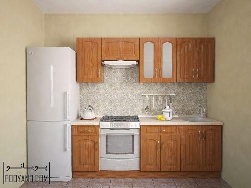 کابینت چوبی برای آشپزخانه کوچک و قرار دادن یخچال در گوشه دیوار