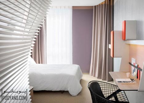 طراحی اتاق هتل اوکو طراحی سرویس مخفی هتل در پشت دیوار پرده‌ ای