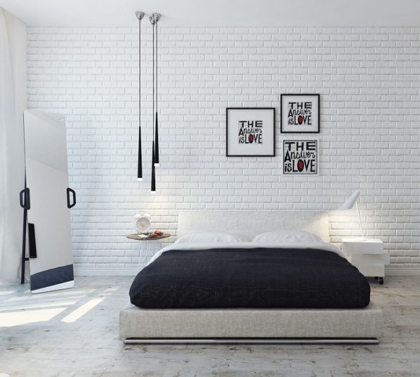 کاغذ دیواری طرح آجری سفید گچی در دکوراسیون اتاق خواب