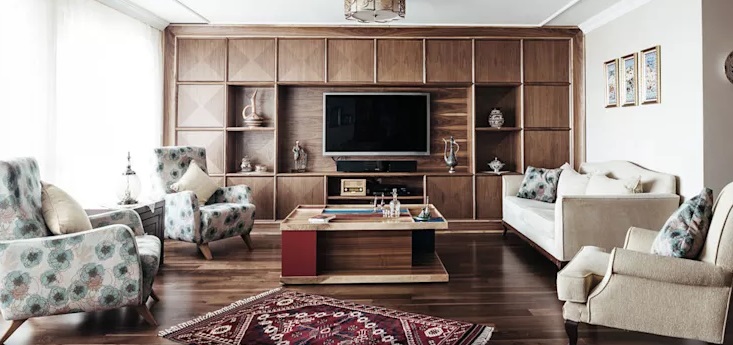 پوشش چوبی و میز تلویزیون