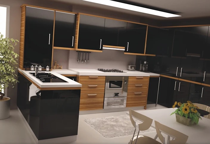 ترکیب رنگ سیاه و چوب در کابینت آشپزخانه