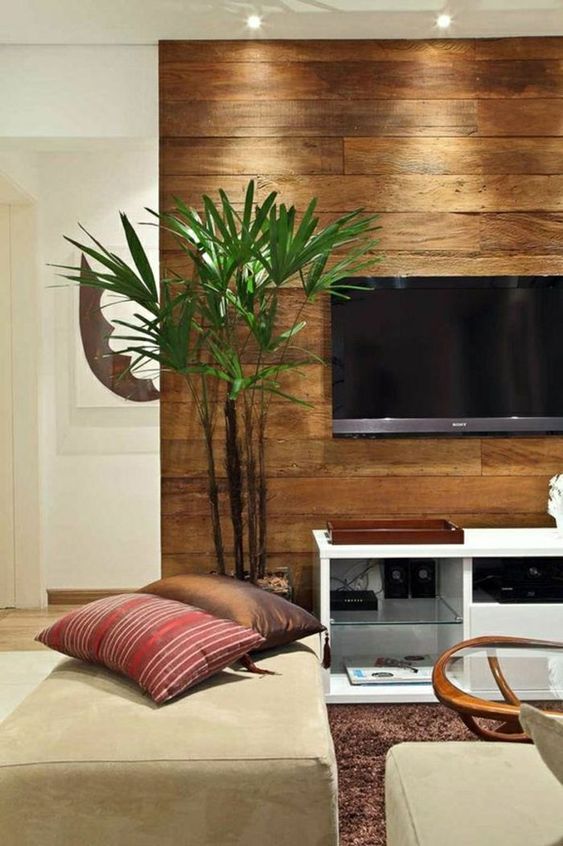 فضای پشت تلویزیون را می توان برای زیبا شدن با چوب دکوراسیون کرد.